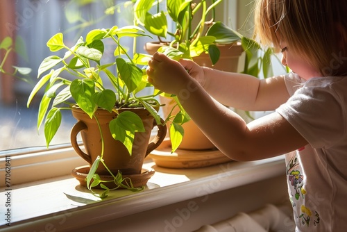 child placing a potted plant on a sunny windowsill