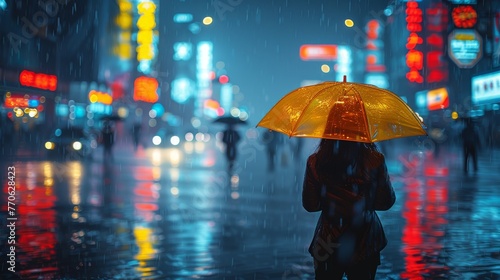 stormy night, thunder and pedestrians walking on the road with umbrellas