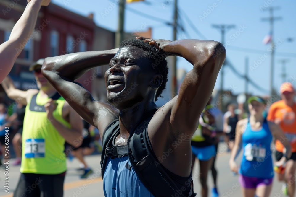 competitor stretching muscles postmarathon, relief on face competitor stretching muscles postmarathon, relief on face