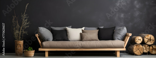 Wooden sofa with dark pillows in scandi style
