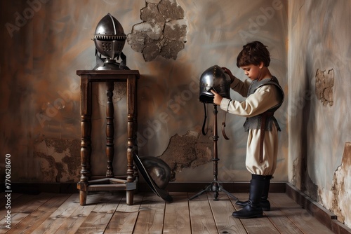 child in squire outfit polishing a helmet beside armor stand in room corner photo