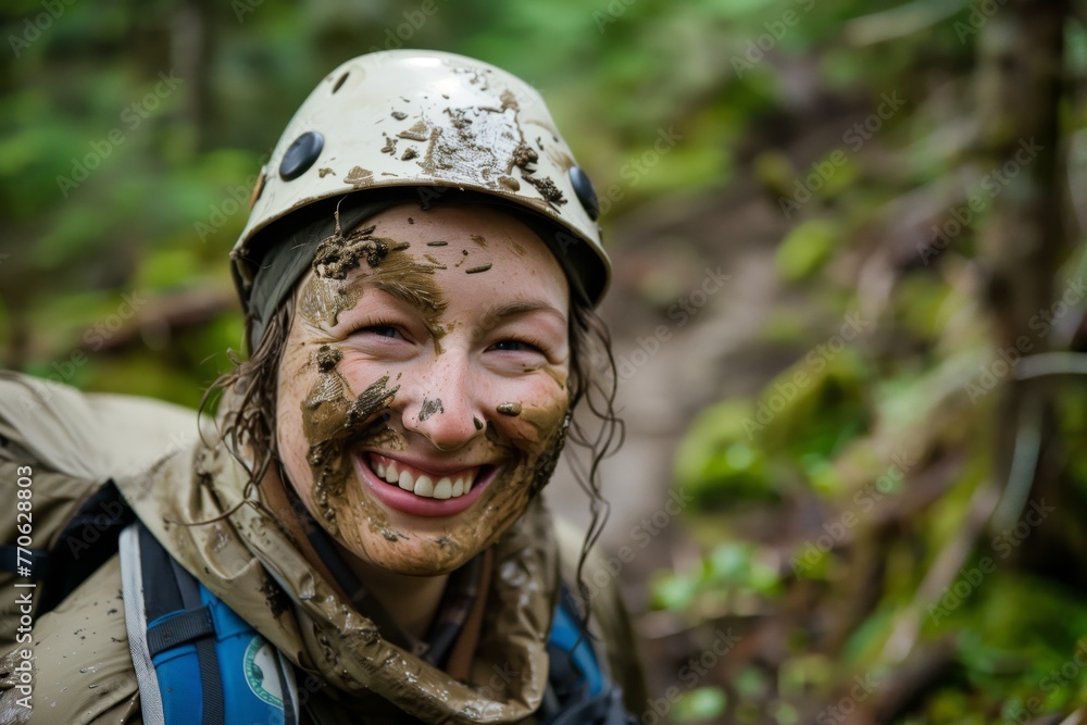 portrait of a hiker with a mudstreaked face smiling portrait of a hiker with a mudstreaked face smiling
