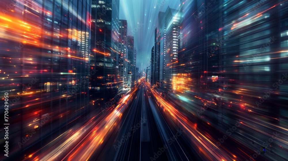 Time-lapse effect of cityscape showing motion-blurred lights and streaks capturing the essence of urban life pace.
