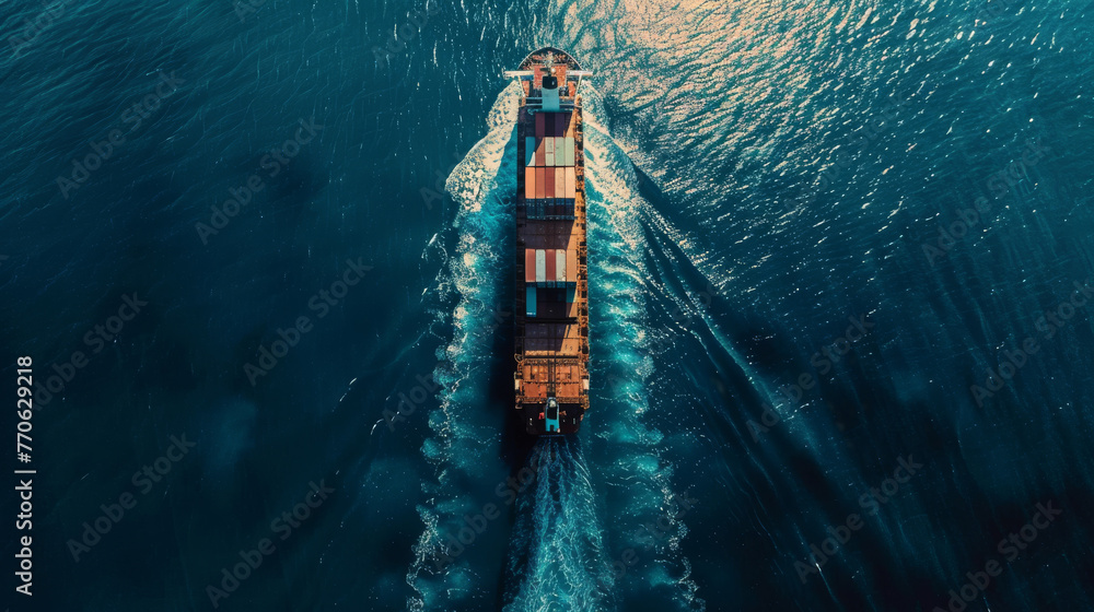 bird view of a cargo container ship in the sea, generative AI