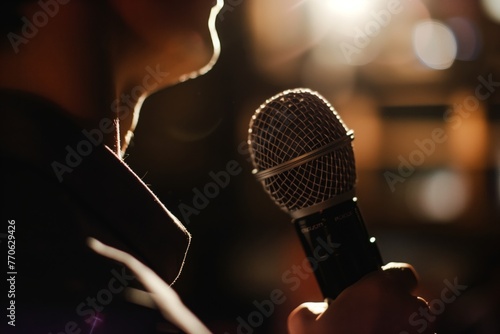 closeup of a host speaking into a microphone