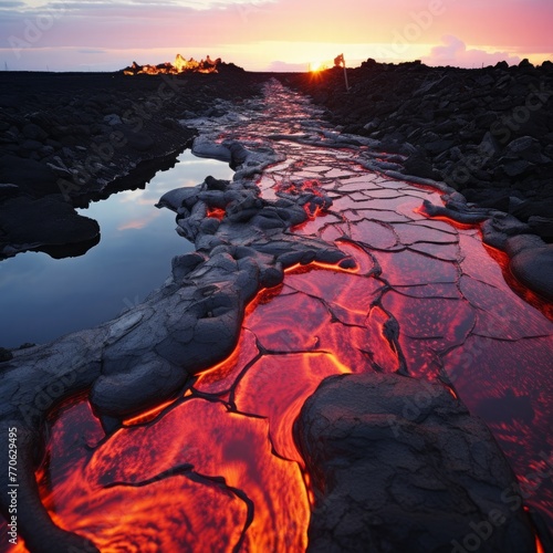 molten carnival glass lava flow over icelandic black photo