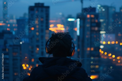 solo viewer with headphones, skyline and screen lit