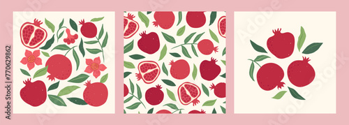 Collection modern abstract prints and seamless pattern with pomegranates and leaves. Modern art poster. Summer vector design for cards, invitations, posters, banners.