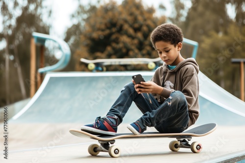 kid sitting on a skateboard, using a phone with ramps behind © altitudevisual