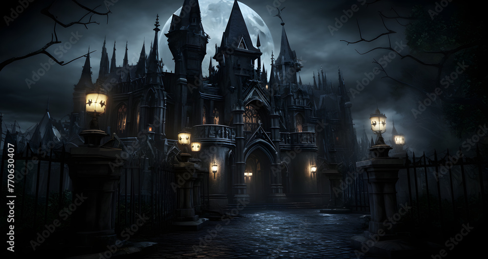 gothic castle in the moonlight with several tombstones and lanterns