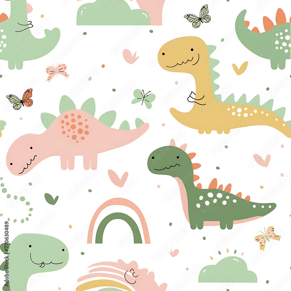 Fototapeta premium Seamless design cute dinosaurs pattern pastel kid wallpaper. generative ai