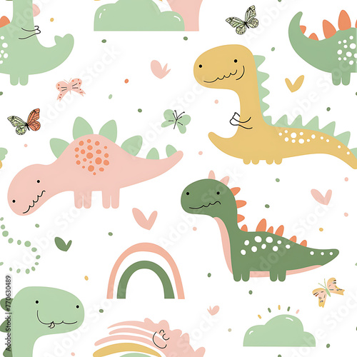 Seamless design cute dinosaurs pattern pastel kid wallpaper. generative ai
