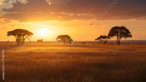 A panoramic view of a vast savannah at sunset with silhouettes of acacia trees and grazing wildlife. © Finsch