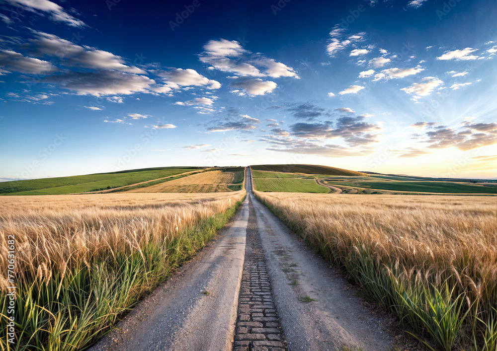 Rural road through wheat field at sunset. Countryside landscape.