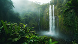A panoramic view of a vast waterfall system in a tropical rainforest teeming with life.