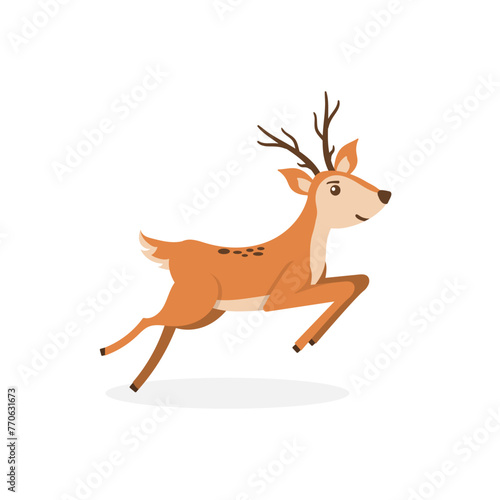 Set of brown deer running and jumping. Beautiful stylized cartoon deers isolated on a white background. Cartoon character animal design. Vector illustration in flat style © Little Monster 2070