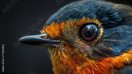 Portrait of a bird with rich colors of yellow and blue feathers against a dark background. Copy space photo