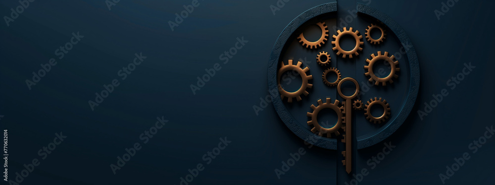 Fototapeta premium Elegant Key and Gears Concept Art on Dark Blue Background