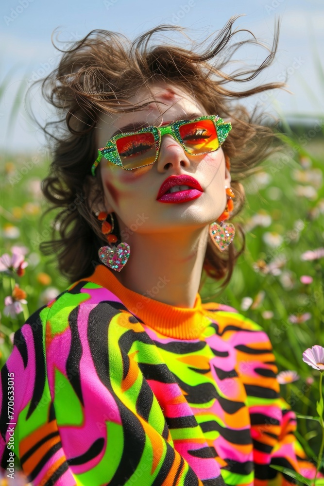 Wind-swept hair enhances the dynamic pose of a woman in vivid attire and reflective sunglasses Wind-swept hair enhances the dynamic pose of a woman in vivid attire and reflective sunglasses