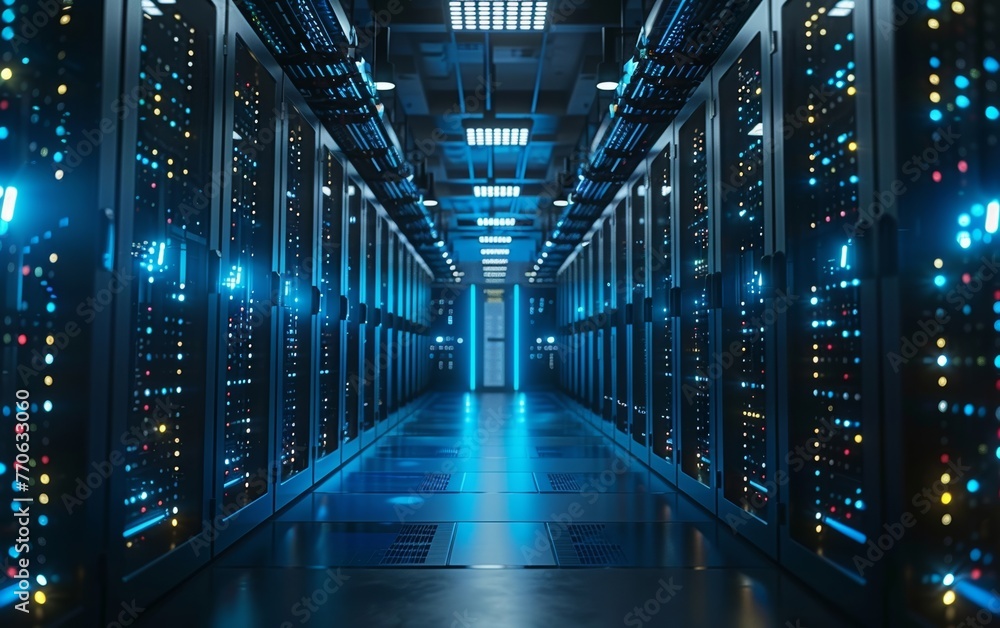 An advanced data facility features neatly organized server racks in a dimly lit environment, accentuated by vibrant LED lighting, highlighting the intricacies of information storage. An advanced data facility features neatly organized server racks in a dimly lit environment, accentuated by vibrant LED lighting, highlighting the intricacies of information storage.