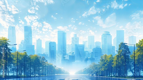 Cityscape of a modern downtown city with skyscrapers and blue sky