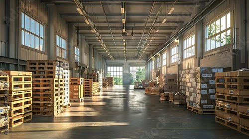 Warehouse interior with stacked pallets and boxes near windows on both sides of the building
