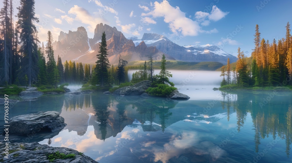 Fototapeta premium Serene mountain lake with forested islands and misty peaks during sunrise, reflecting in calm waters.