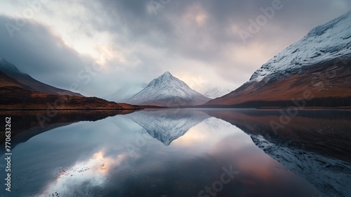 Tranquil mountain landscape with reflection in still water at dusk.