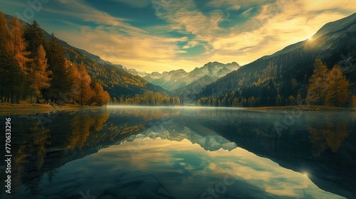 Tranquil autumn landscape with a mirror-like lake reflecting colorful trees and mountains at sunrise.