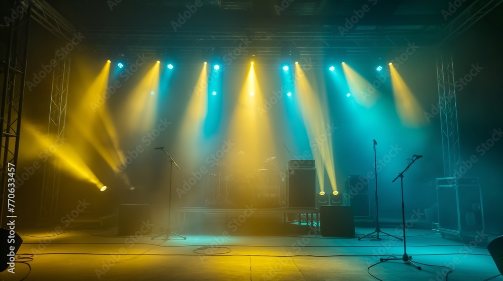 The stage was empty with yellow and blue lights. There is a fog machine in the background.