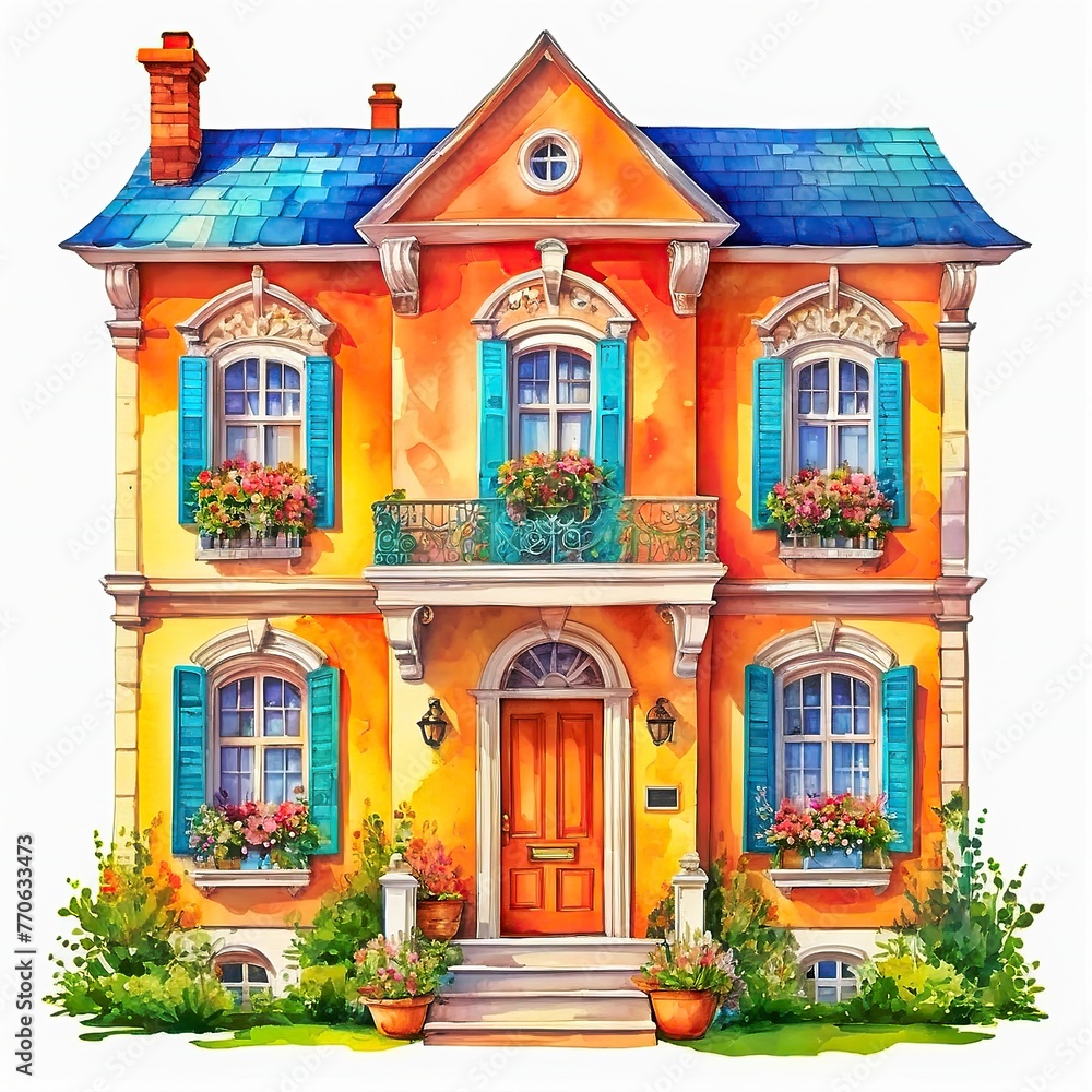 Fototapeta premium Watercolour, a cute house facade on a white background