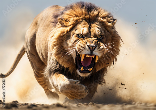 Big male lion running in the dust