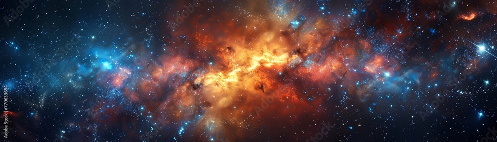 Obraz premium Glowing constellations illuminate the vast expanse of the cosmos. Cosmic panorama filled with celestial beauty and wonder. Glimpse of infinity.