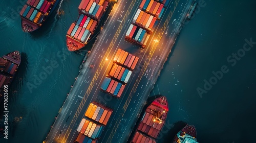 Container ship in import export business and logistic. Cargo freight ship at night time.