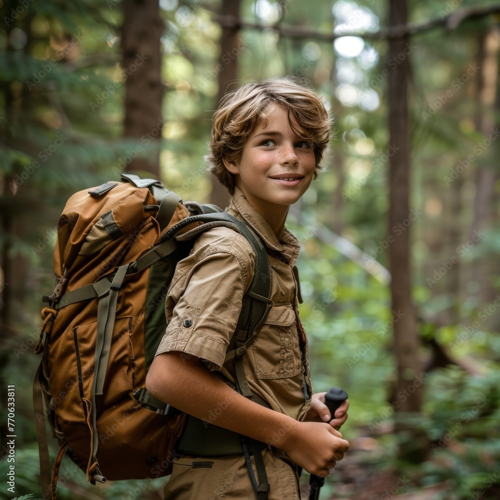 Young scout with a backpack in the forest looking back on an adventure trail