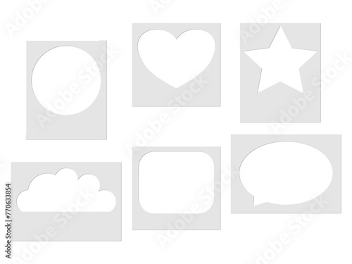 Creative photo frames of different shapes: heart, cloud, star, for fun collages. Frames empty inside for photos to be inserted. Isolated on a white background. Vector.