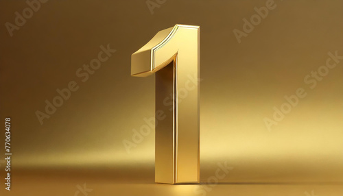 Golden number 1 on golden background with gradient and copy space. 3D rendering.