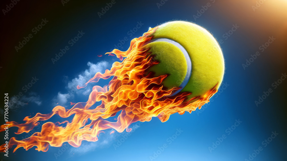 Tennis Ball on Fire Power Serve Blue Sky Backdrop