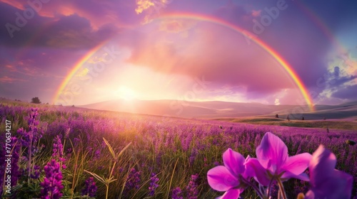 Breathtaking view of a colorful double rainbow over a blooming field at sunset, invoking a sense of wonder and tranquility.