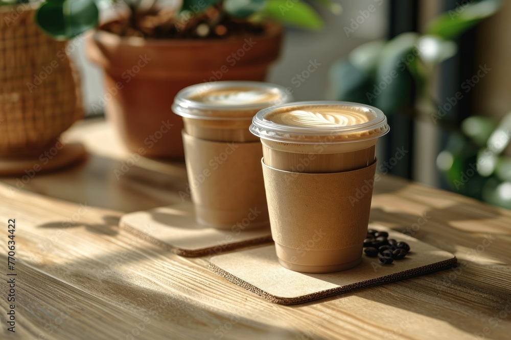 Two cups of coffee on wooden table Two cups of coffee on wooden table