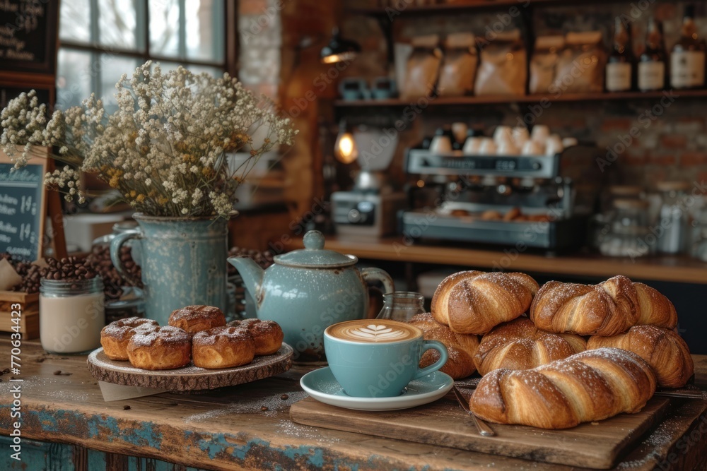 Tasty pastries and fresh coffee on table Tasty pastries and fresh coffee on table
