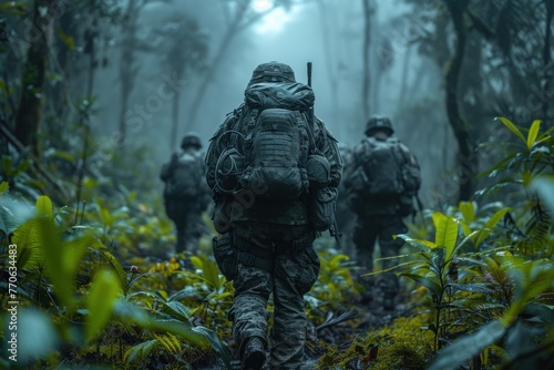 Soldiers navigating through dense forest terrain during a training exercise