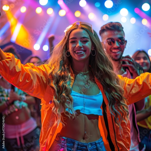 Young couple enjoying a vibrant dance party in stylish casual attire