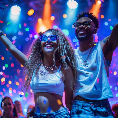 Joyful young couple dancing at a vibrant music festival