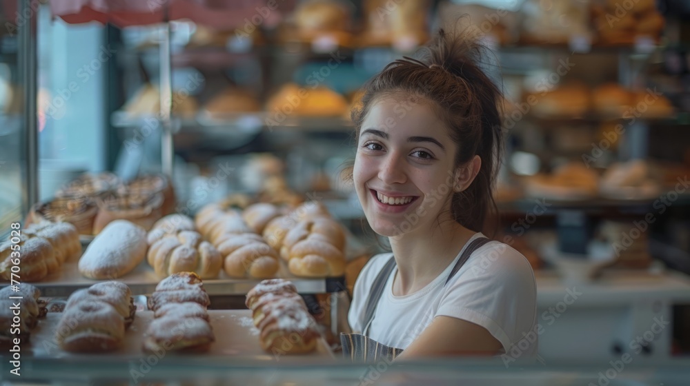 Woman, long dark hair in a ponytail, working in a bakery. Looks at the camera.