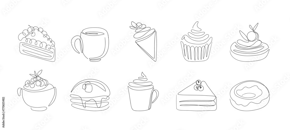 Dessert and pastry one line drawing. Sweet bakery products sketch for logo, cafe menu, sticker, banner design. Vector isolated set