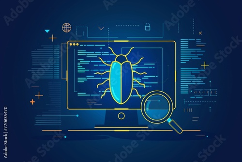 Obraz w ramie Troubleshooting concept highlighting software bugs on a computer program with a sleek outline design.