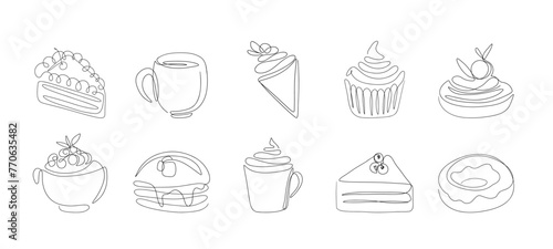 Dessert and pastry one line drawing. Sweet bakery products sketch for logo, cafe menu, sticker, banner design. Vector isolated set