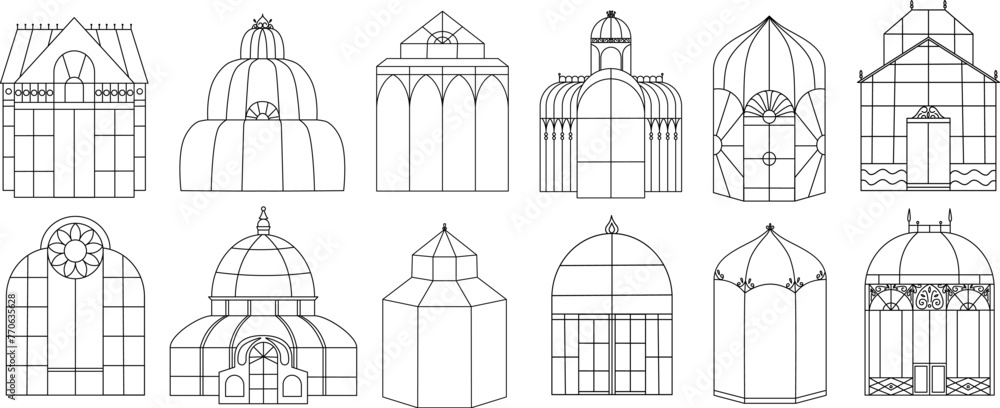 A set of vintage isolated greenhouses. Line illustration hothouses and orangery.