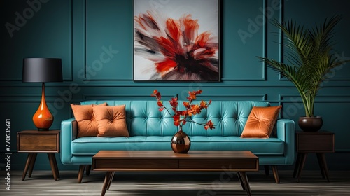 A blue couch is sitting in front of a wall with a painting of a flower. A vase with flowers is on the coffee table in front of the couch. The room has a modern and stylish feel, with a mix of blue © Yauhen